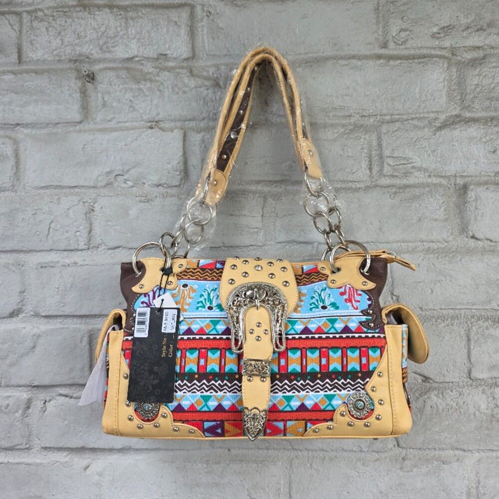 Cowgirl Trendy Western Aztec Geometric Studded Buckle Concealed Carry Bag NWT